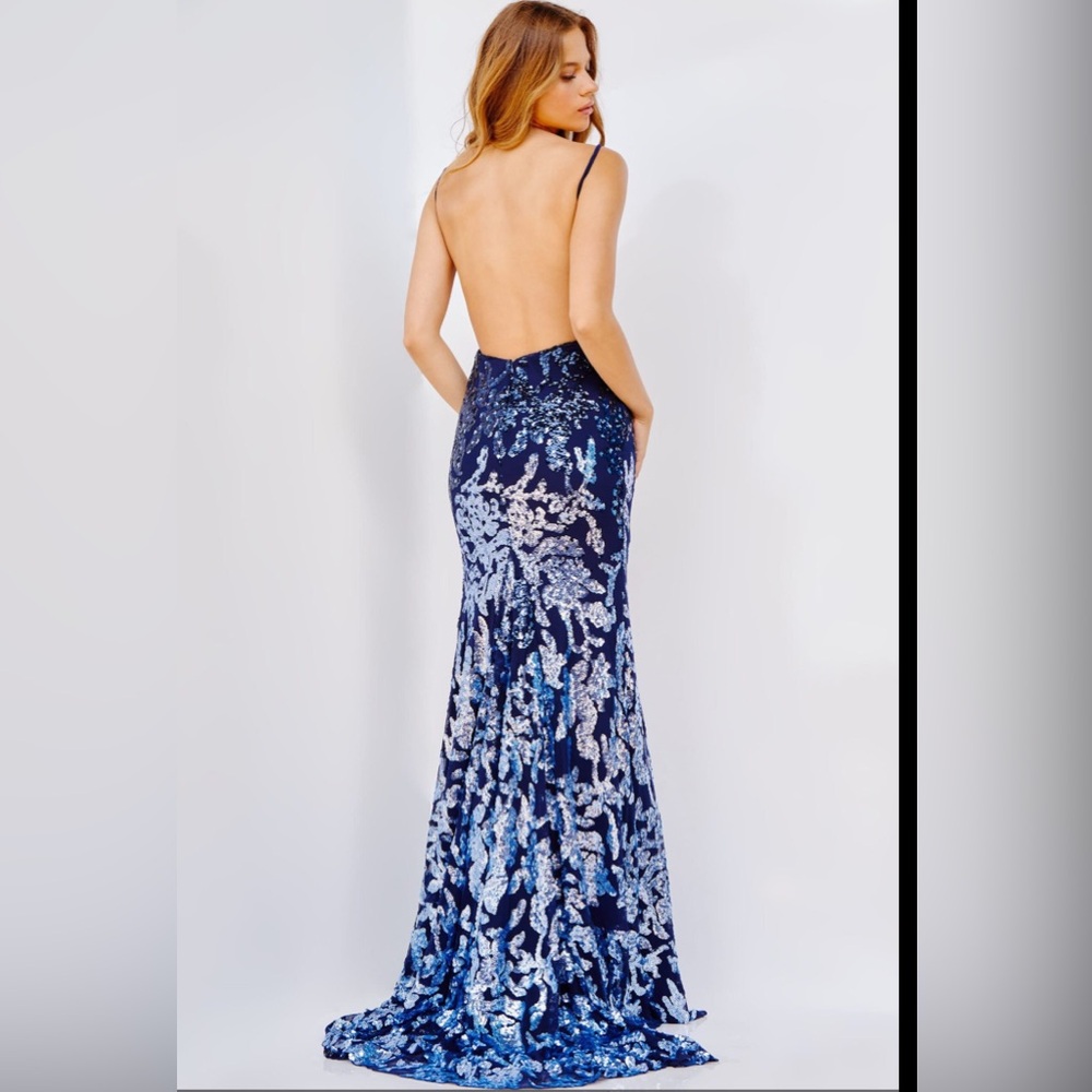 Jovani Blue Sequin Prom Gown with One Shoulder and Slit - Picture 2 of 8